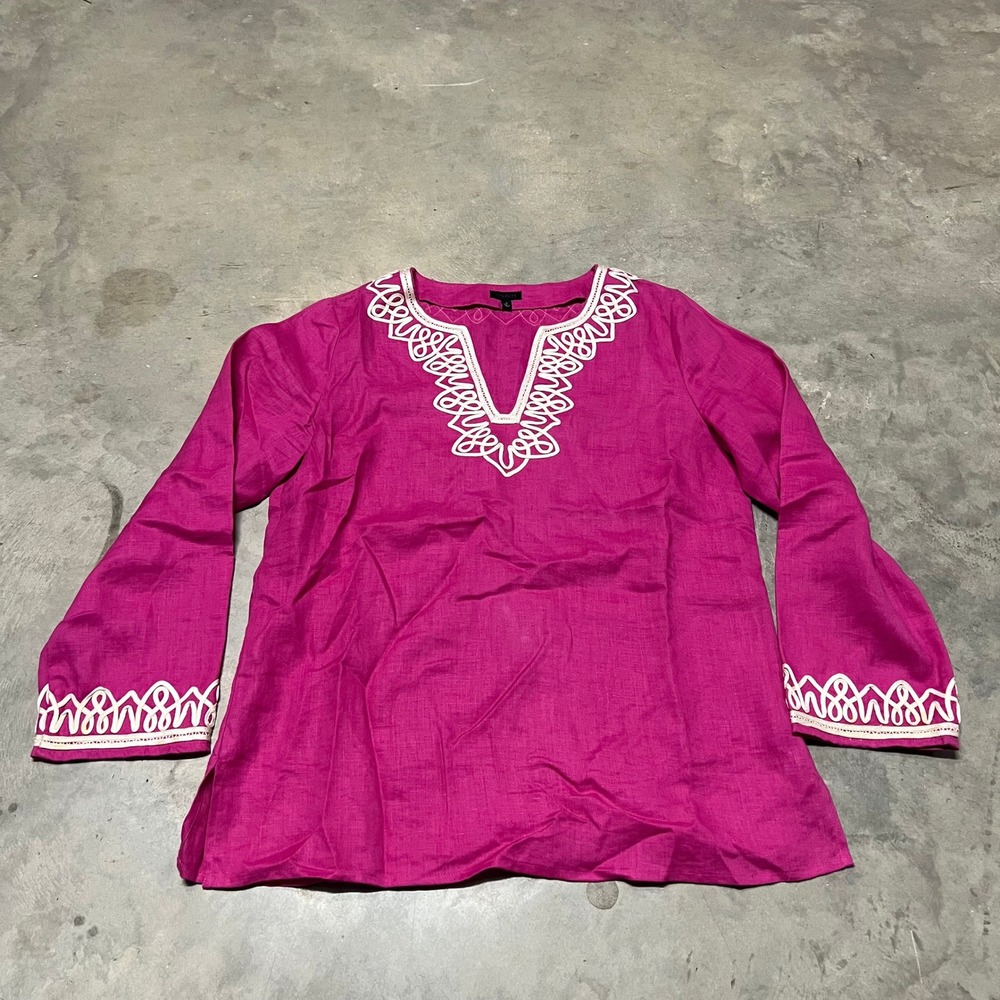 Talbots Magenta Pink 100% Linen Soutache Embroidered Tunic Top Small